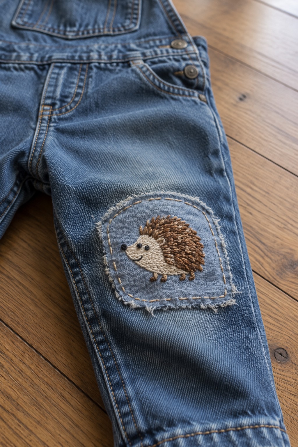 Blue jeans on a wooden floor with a fabric knee patch embroidered with a brown-and-cream hedgehog.