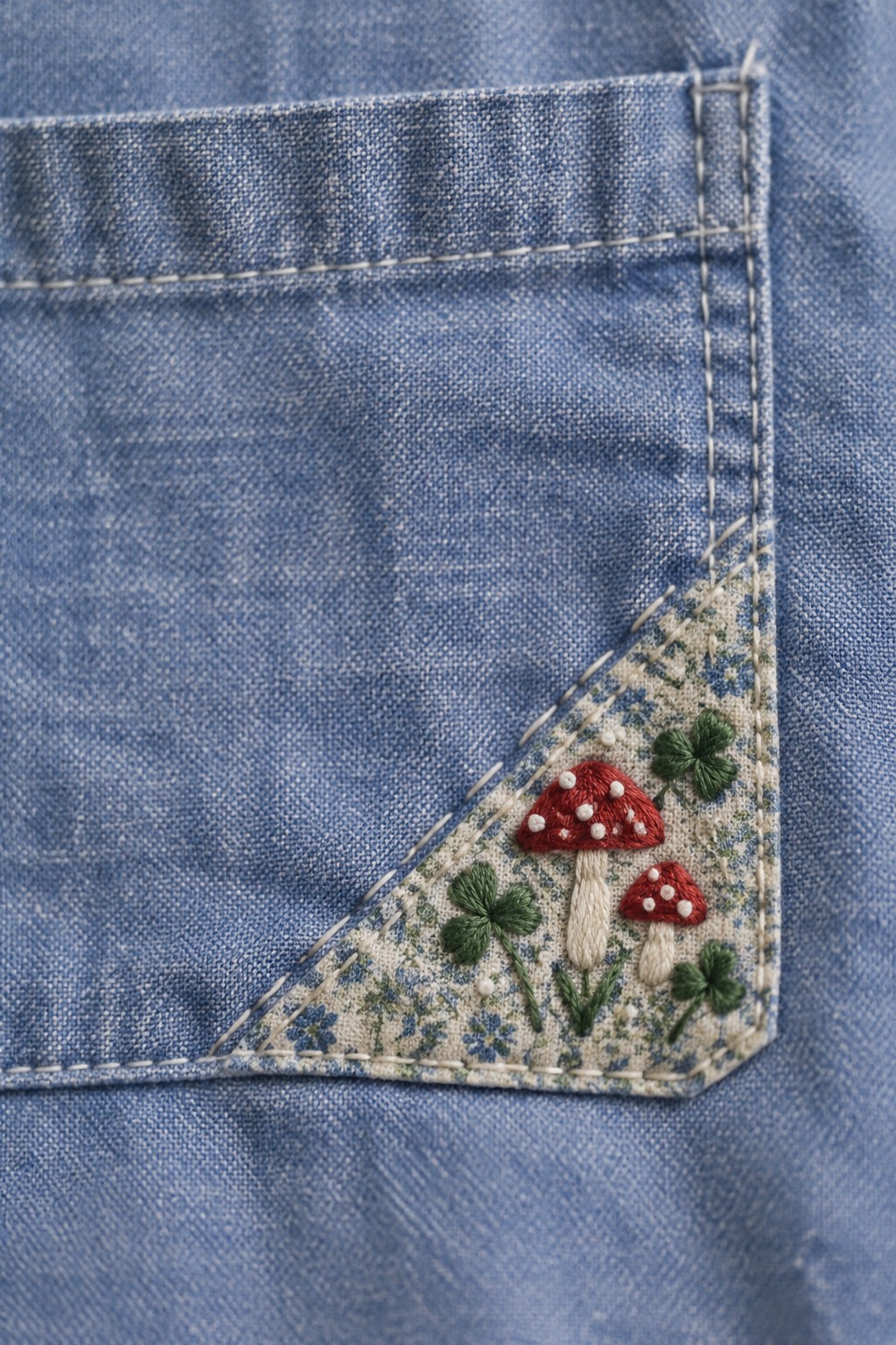 Red mushroom and green leaf embroidery decorates a patterned triangular patch on a blue denim pocket.