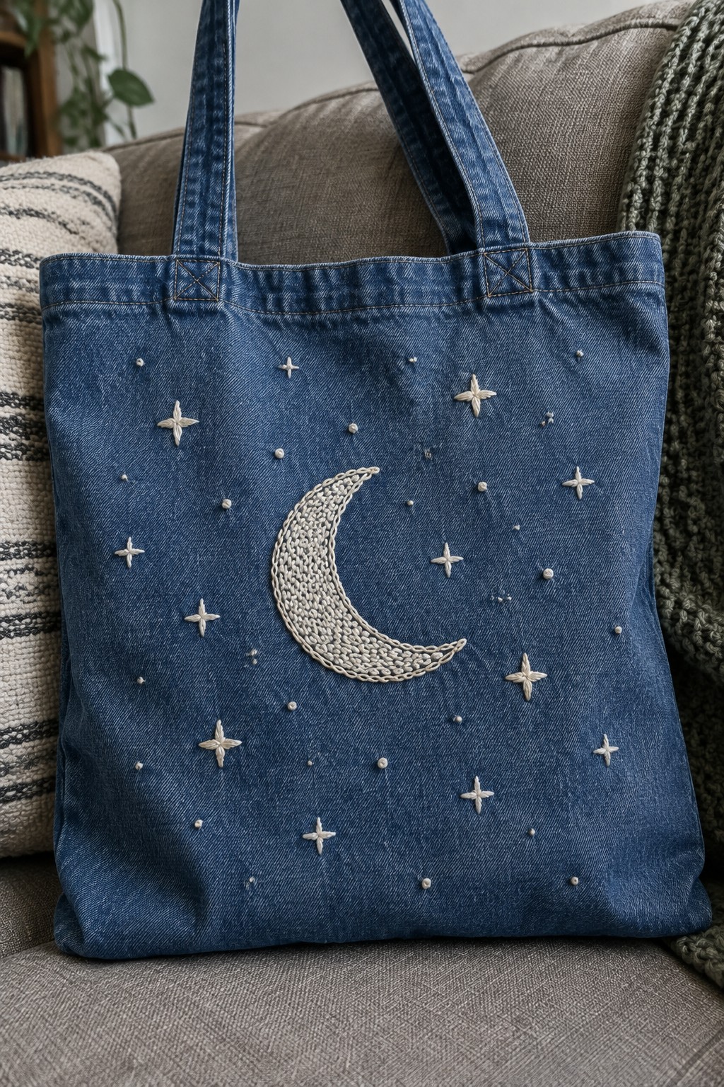 A blue denim tote embroidered with a white crescent moon, stars, and small dots.