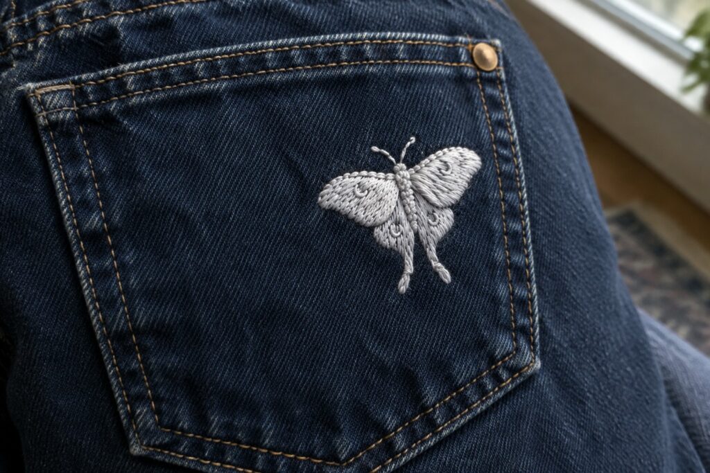 17 High-Contrast White Thread Embroidery Designs for Dark Denim White moth embroidered in pale thread on the back pocket of dark blue jeans.