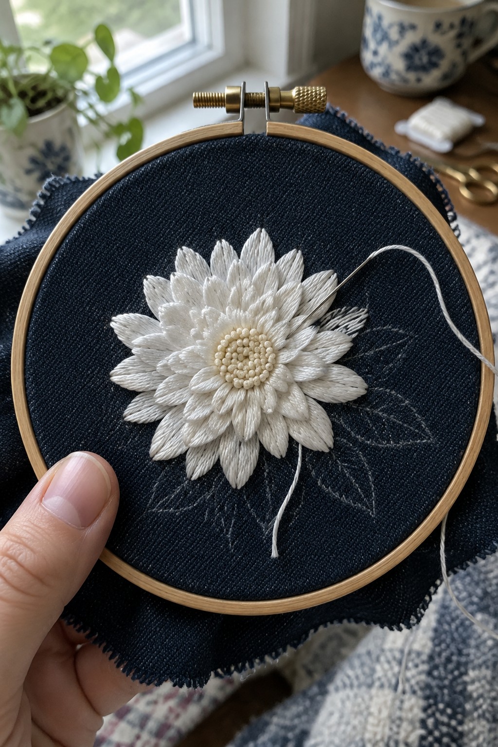 A layered white embroidered daisy sits on dark denim held in a wooden hoop, with loose thread trailing beside it.