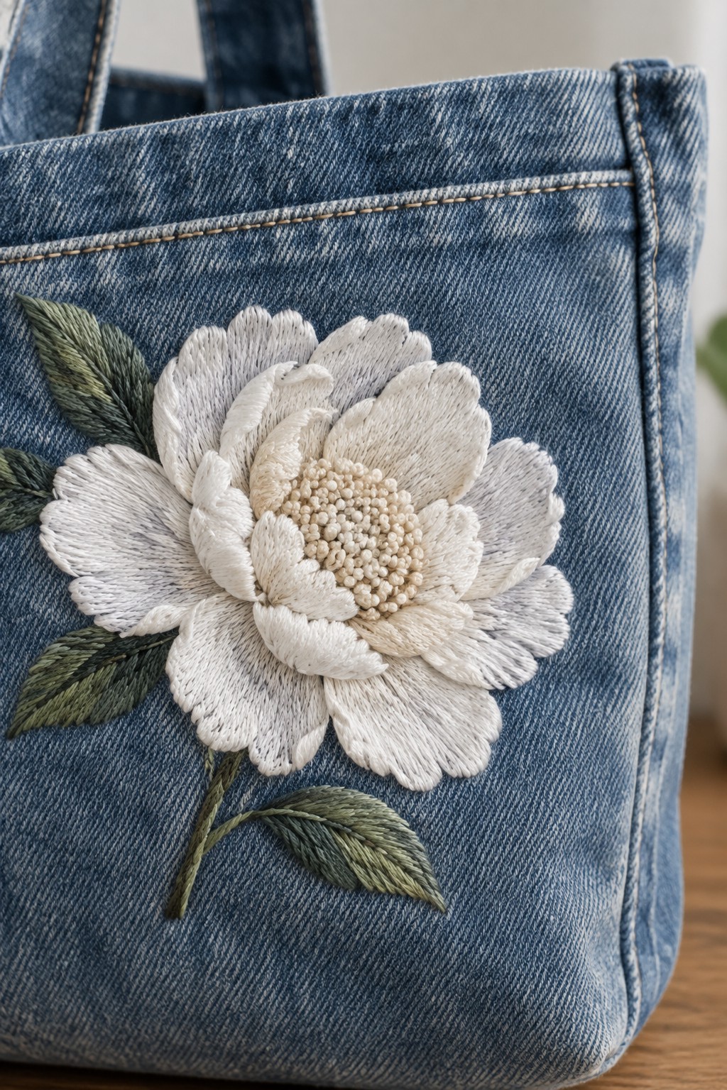 A large white embroidered flower with green leaves decorates the front of a blue denim tote bag.
