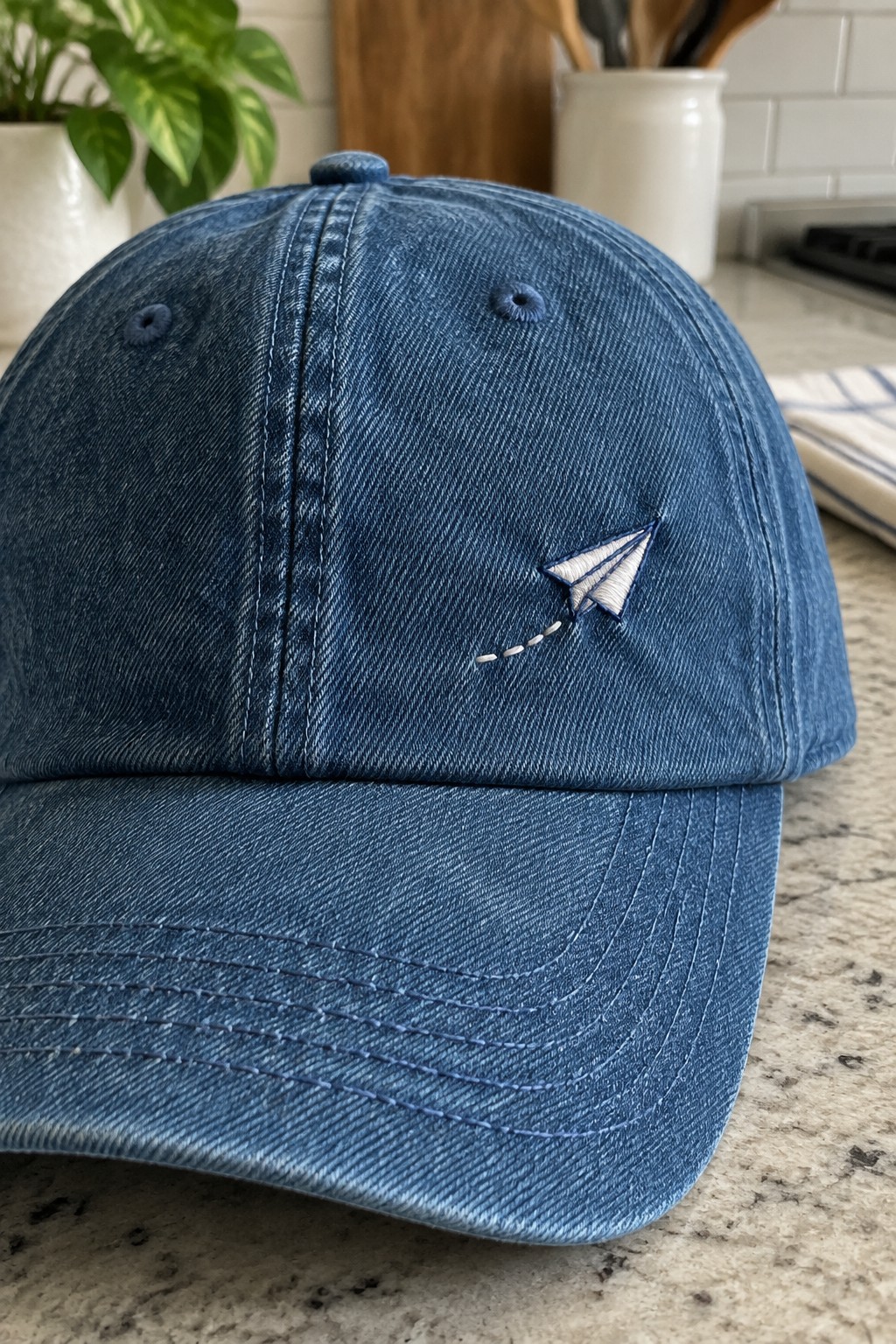 A white embroidered paper airplane and dashed trail decorate the front of a blue denim cap.
