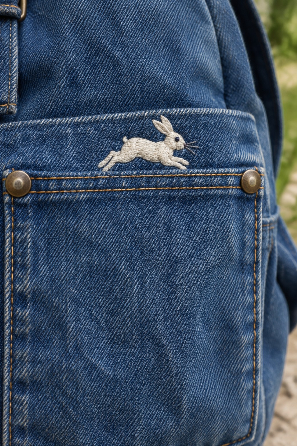White embroidered rabbit above a large pocket on a blue denim backpack.