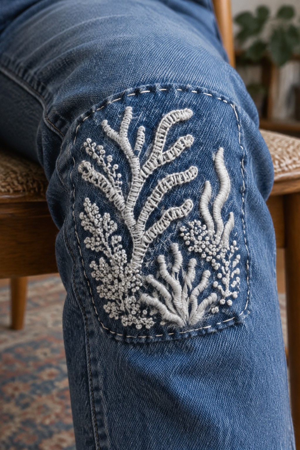 White raised coral embroidery decorates a rounded patch on the knee of blue jeans.