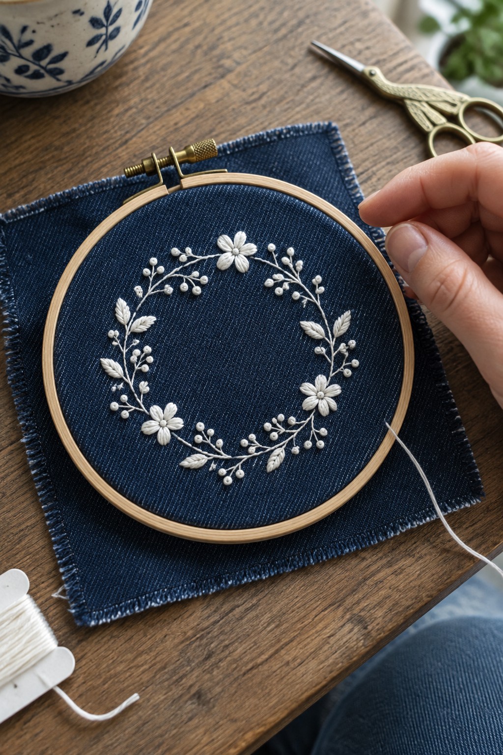 White floral wreath embroidery on dark denim held in a wooden hoop.