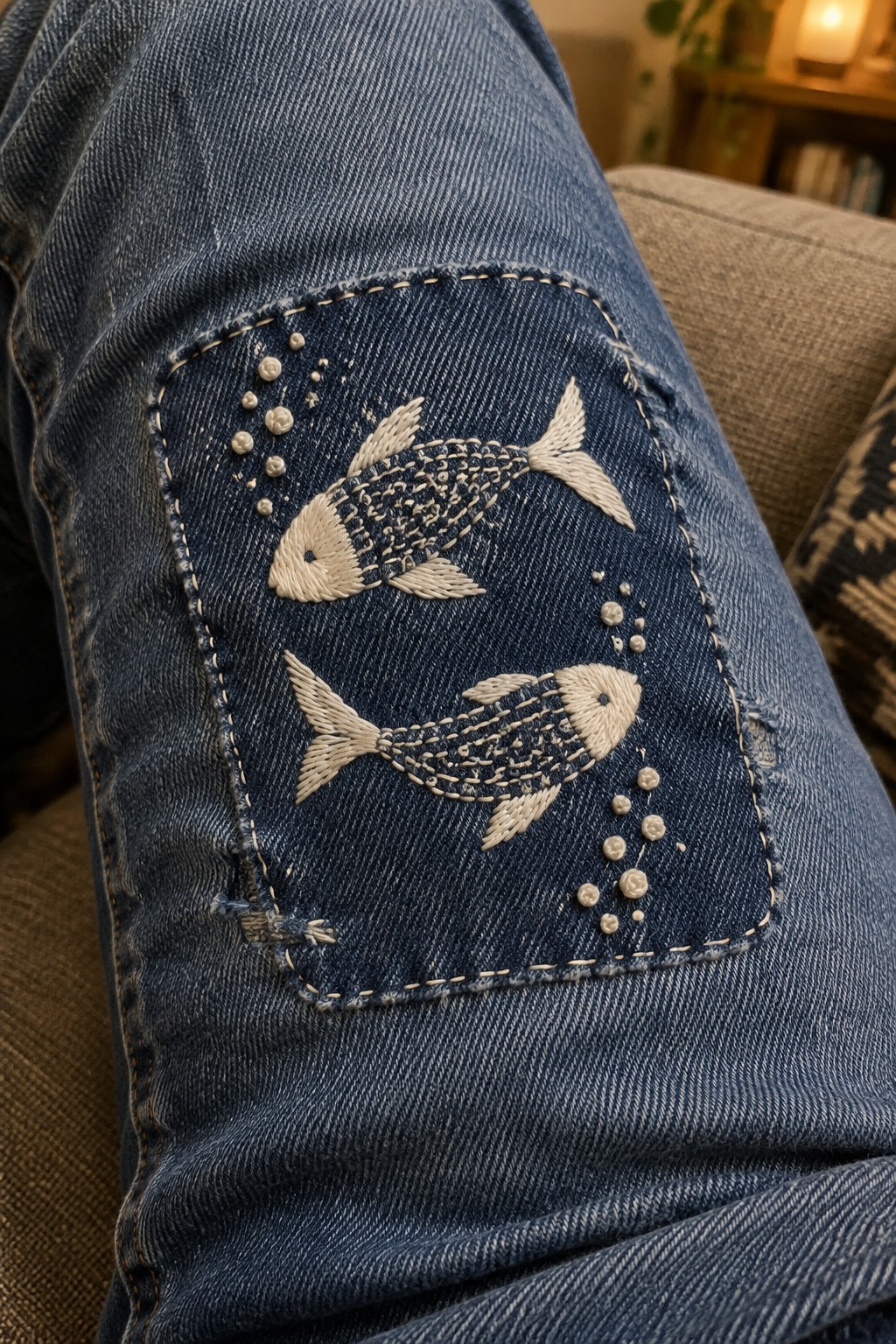 Two white embroidered fish and scattered bubbles decorate a dark denim patch on a jeans knee.