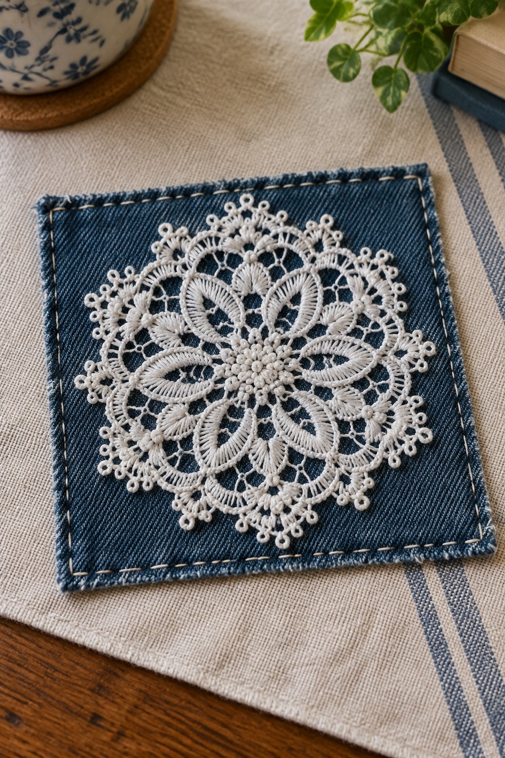 A white lace-like floral medallion is embroidered on a square dark denim patch placed on a striped linen cloth.