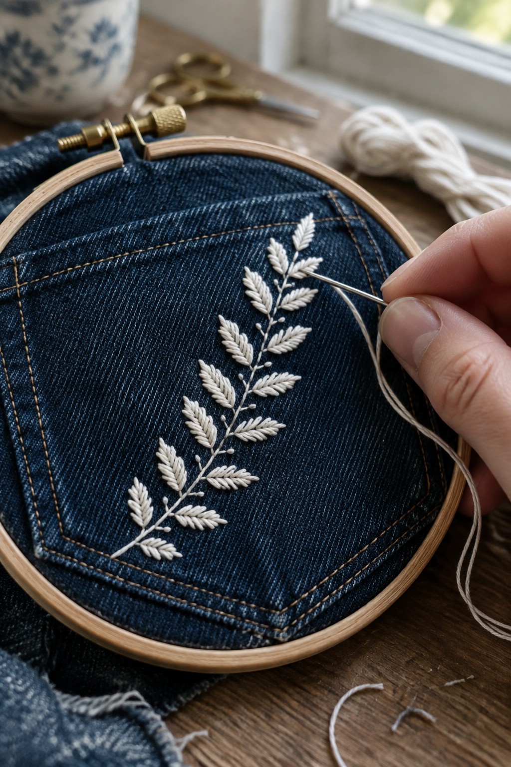 White leaf embroidery being stitched on a dark denim pocket held in an embroidery hoop.