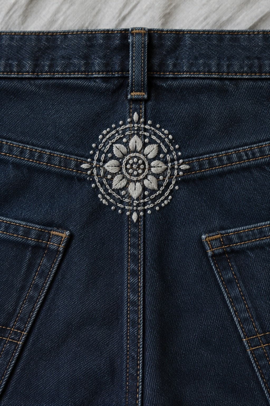 White circular floral embroidery centered on the back yoke of a dark denim jacket.