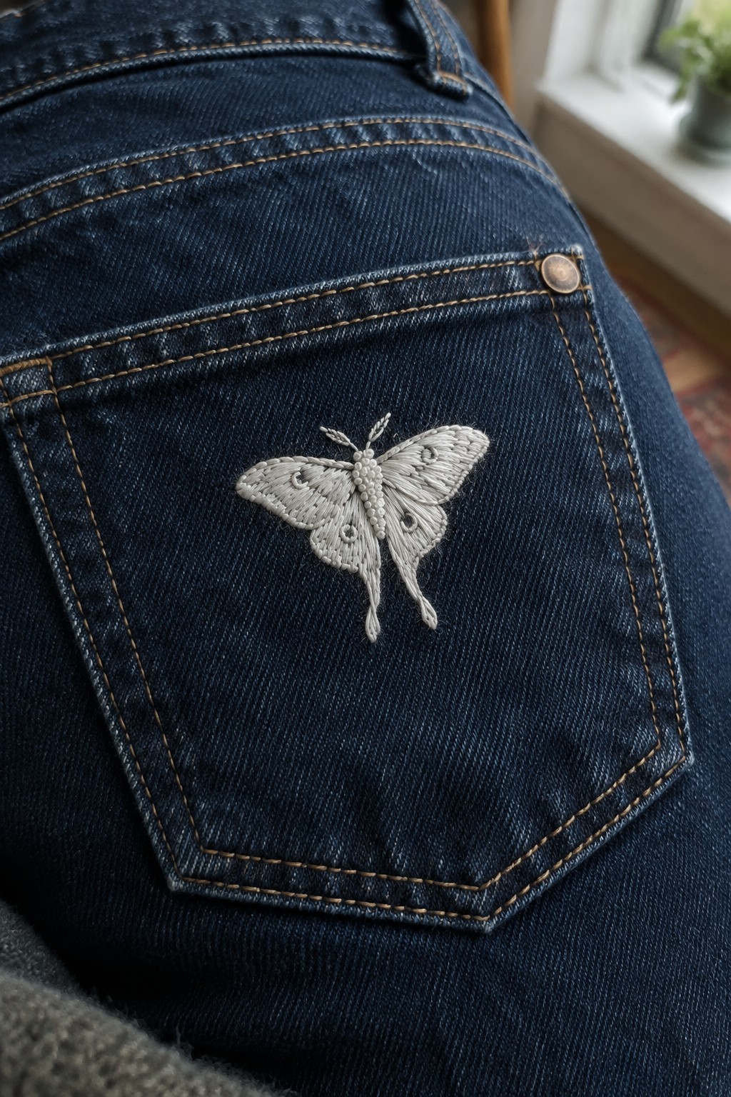 White moth embroidered in pale thread on the back pocket of dark blue jeans.