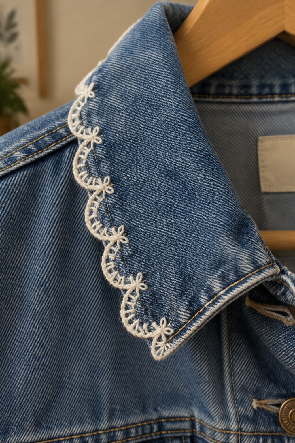 White scalloped embroidery follows the cuff edge of a blue denim jacket.