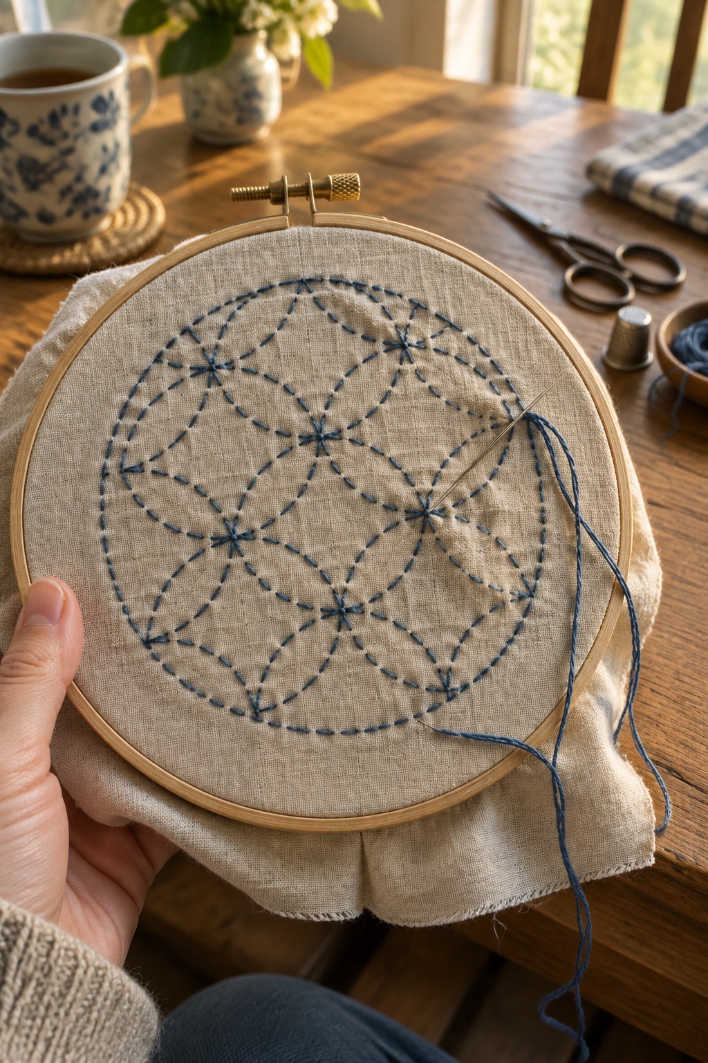 A wooden embroidery hoop holds natural fabric stitched with a linked geometric pattern in dark blue thread.
