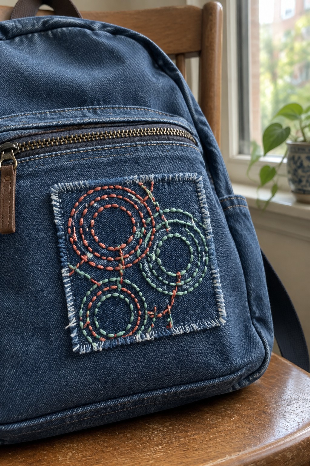 A denim backpack with a square patch embroidered with overlapping coral and sage circles.