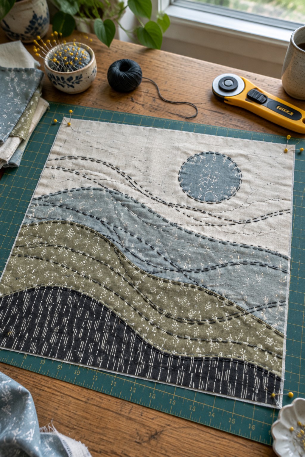 A layered fabric panel with curved patterned bands and a circular patch, outlined in dark stitching, rests on a cutting mat.