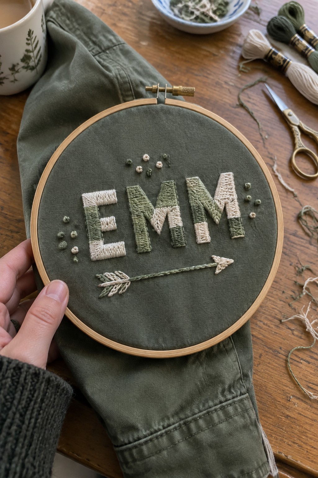 Green and cream embroidered letters spelling “EMM” with a stitched arrow on olive fabric in an embroidery hoop.