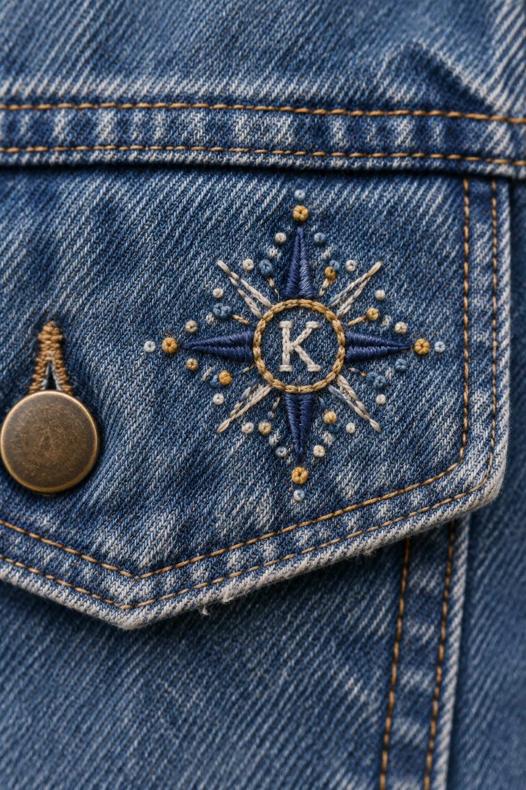 Blue denim jacket pocket embroidered with a compass-style starburst around the letter K, beside a brass button.