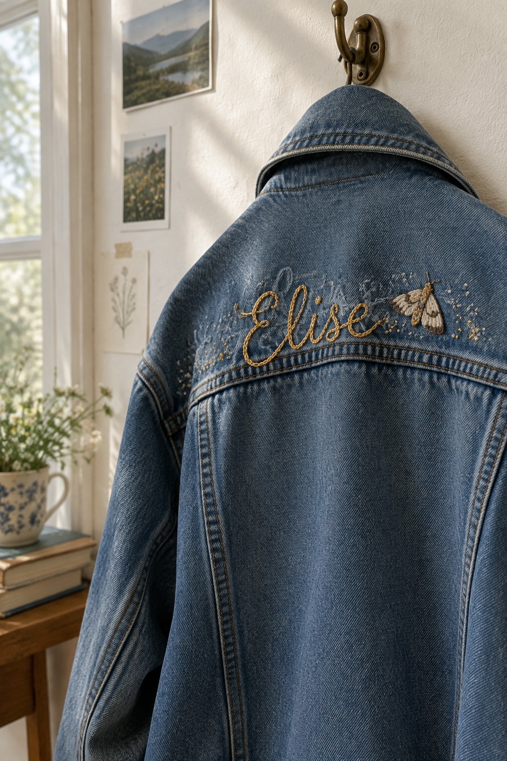 A blue denim jacket hanging on a wall hook, embroidered with the gold cursive name “Elise” and a moth across the upper back.
