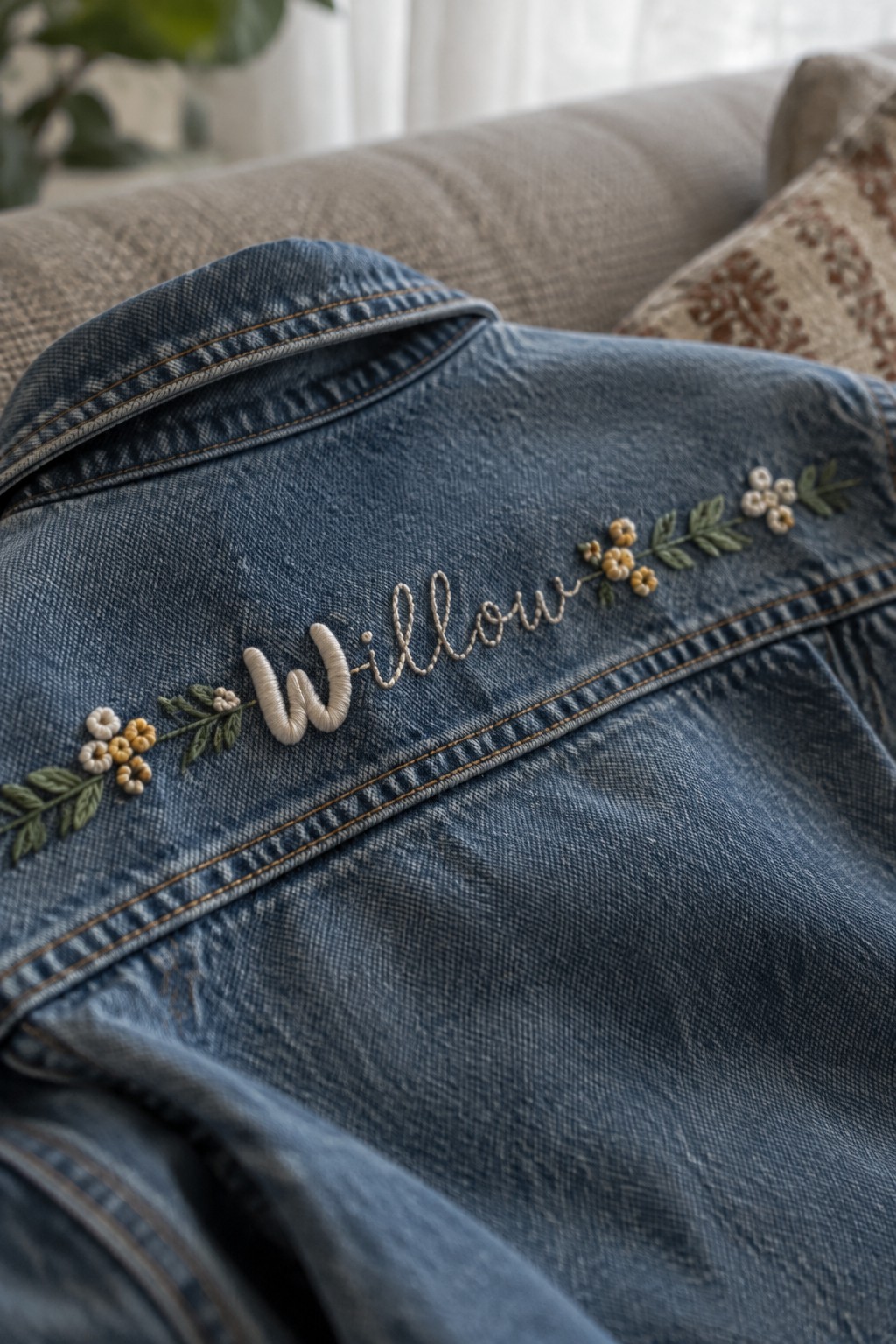 Cream cursive name and embroidered flower sprigs across a blue denim jacket panel.