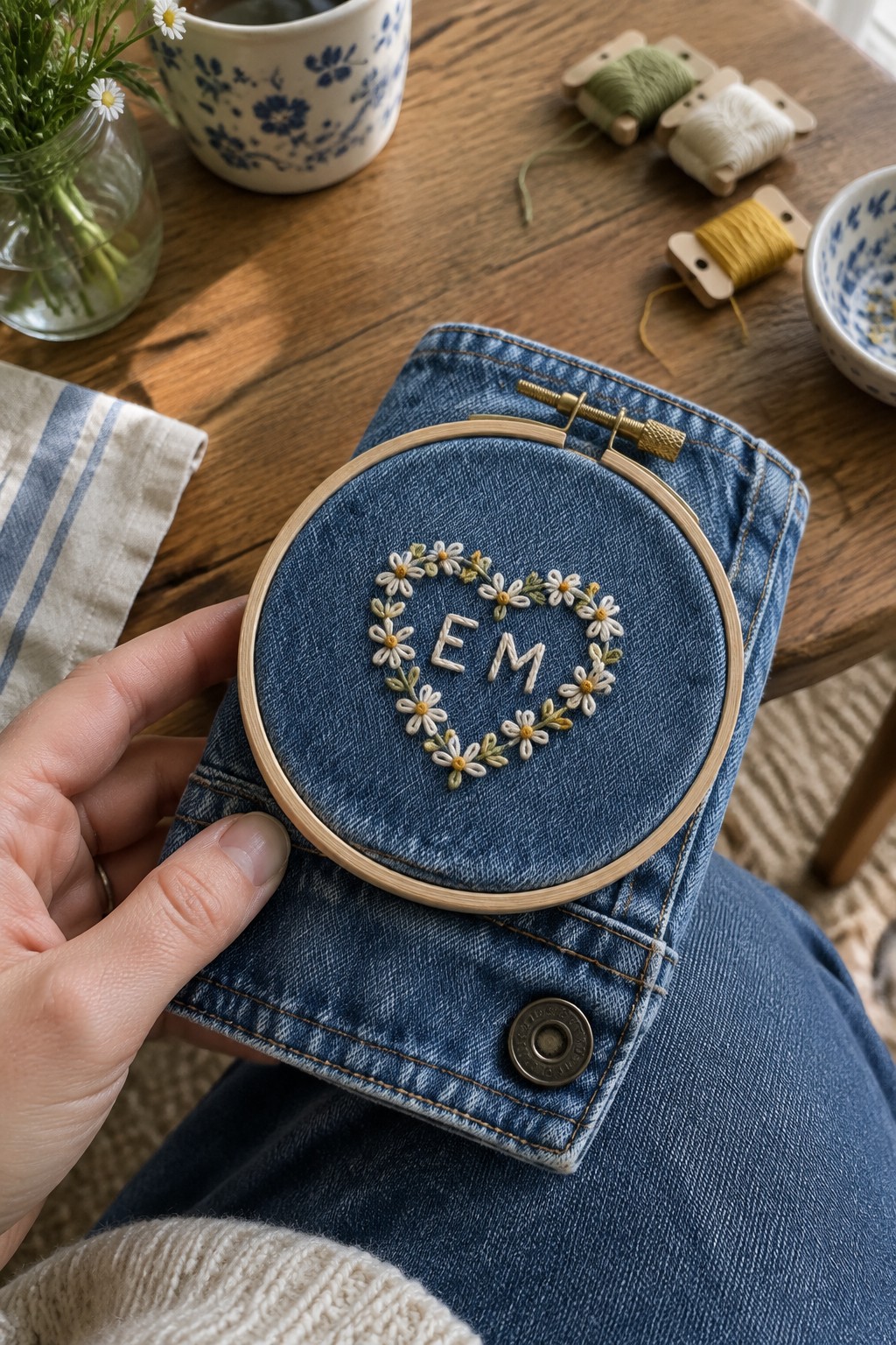 A wooden embroidery hoop holds blue denim stitched with a white initial inside a small floral heart wreath.