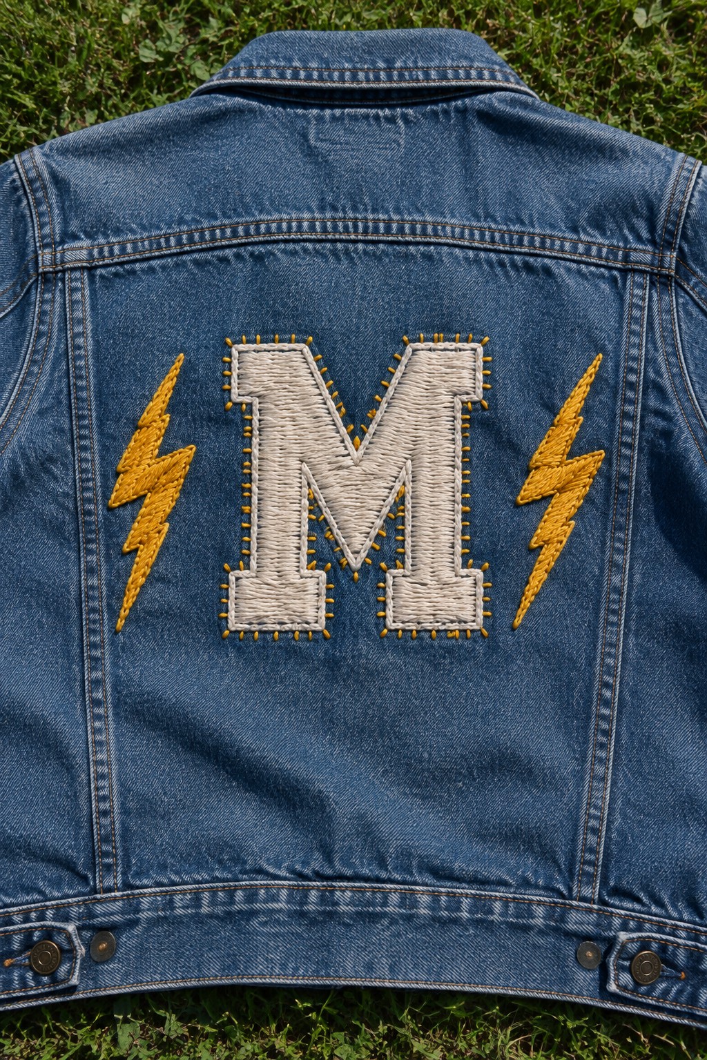 A cream embroidered letter M with yellow stitching and lightning bolts centered on the back of a blue denim jacket.