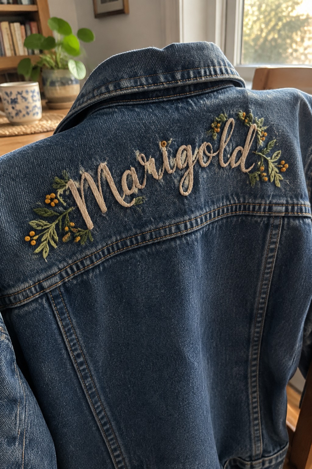 A blue denim jacket with a cream embroidered name and small yellow-berry floral sprigs across the upper back.
