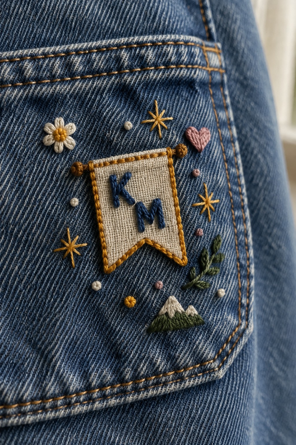 Embroidered initials on a cream banner decorate a blue denim jacket pocket, surrounded by small flowers, stars, and a mountain.