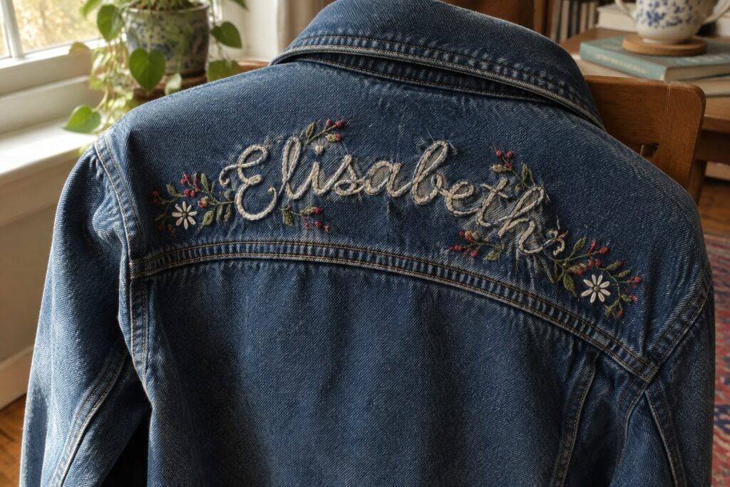 A blue denim jacket with a cream embroidered name and small yellow-berry floral sprigs across the upper back.