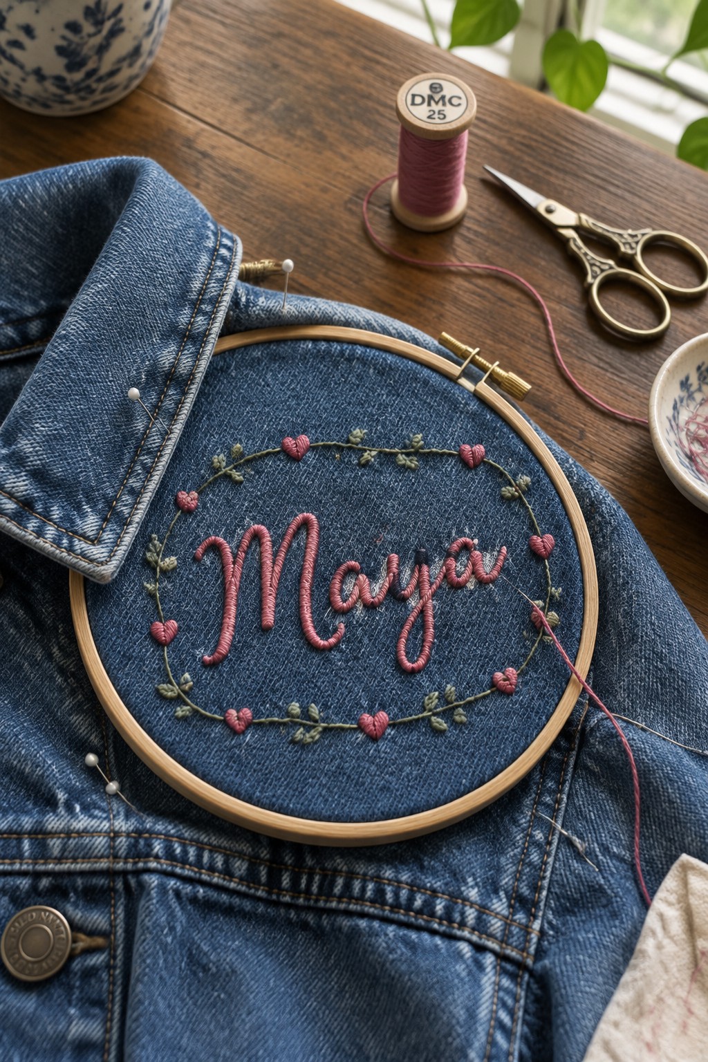 A denim jacket in an embroidery hoop with the name Mary stitched in pink inside an oval floral border.