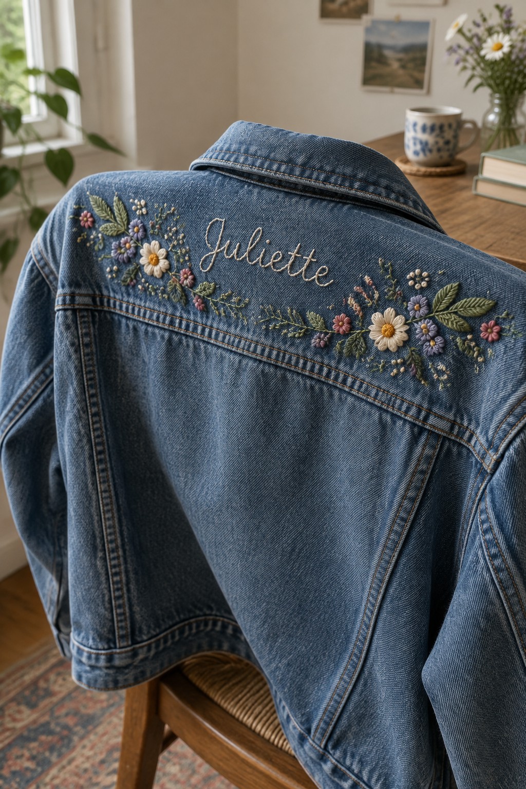 A blue denim jacket draped over a chair has the name “Juliette” embroidered across the back yoke with colorful flowers and leaves.