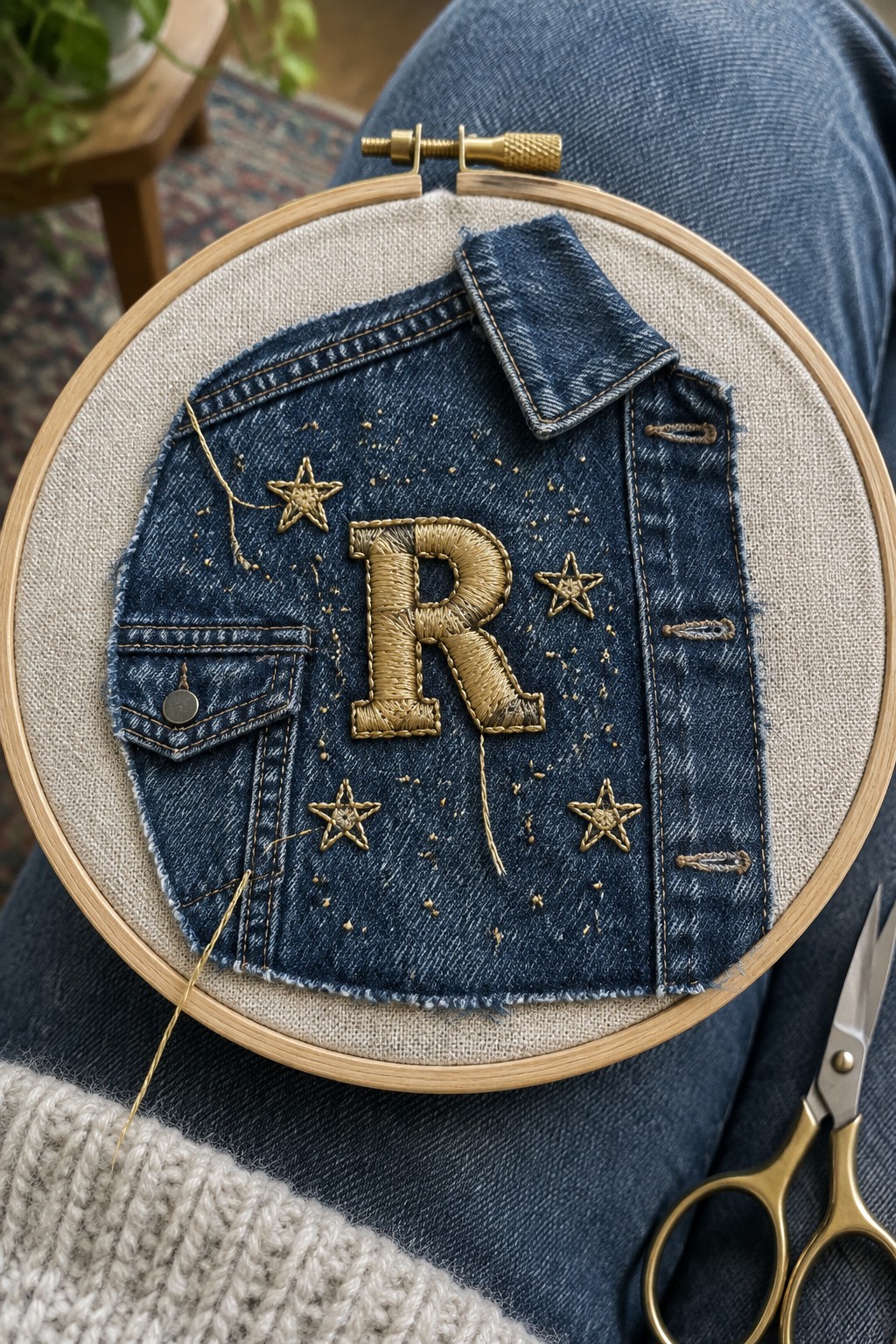 A dark denim jacket panel embroidered with a raised gold letter R, small gold stars, and scattered dots in a wooden hoop.