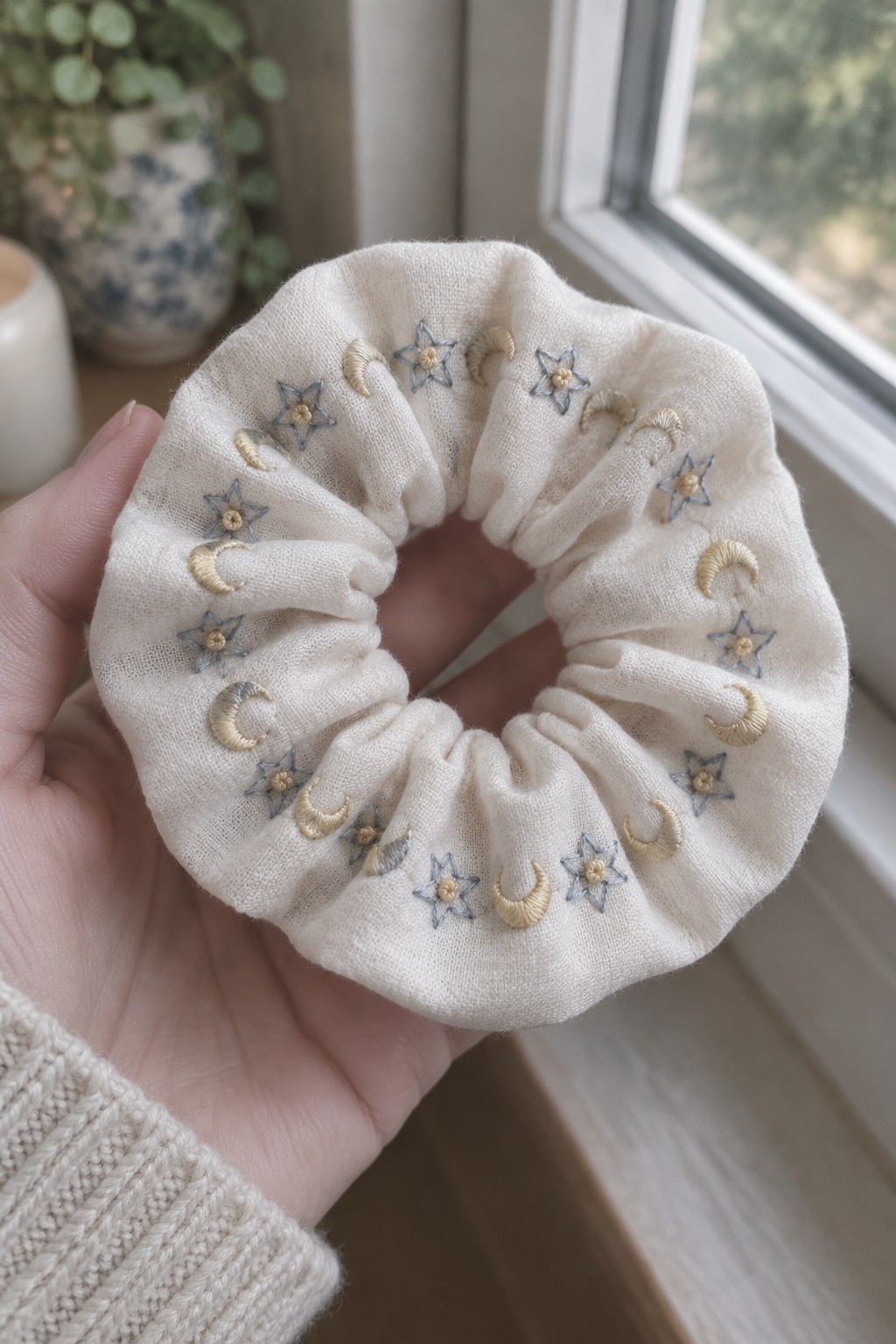 A cream scrunchie embroidered with blue-gray stars and gold crescent moons, held in a hand.