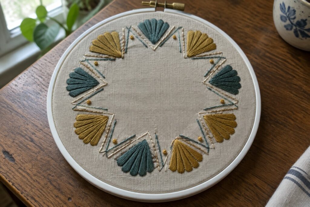 17 Round Embroidery Border Ideas Featuring Symmetrical Motifs A round embroidery hoop with a symmetrical teal, cream, and mustard border stitched around an open center.