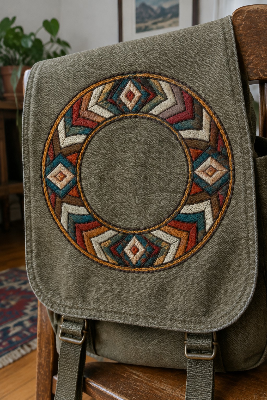 A gray-green canvas backpack with a colorful geometric embroidered circle on its front flap.