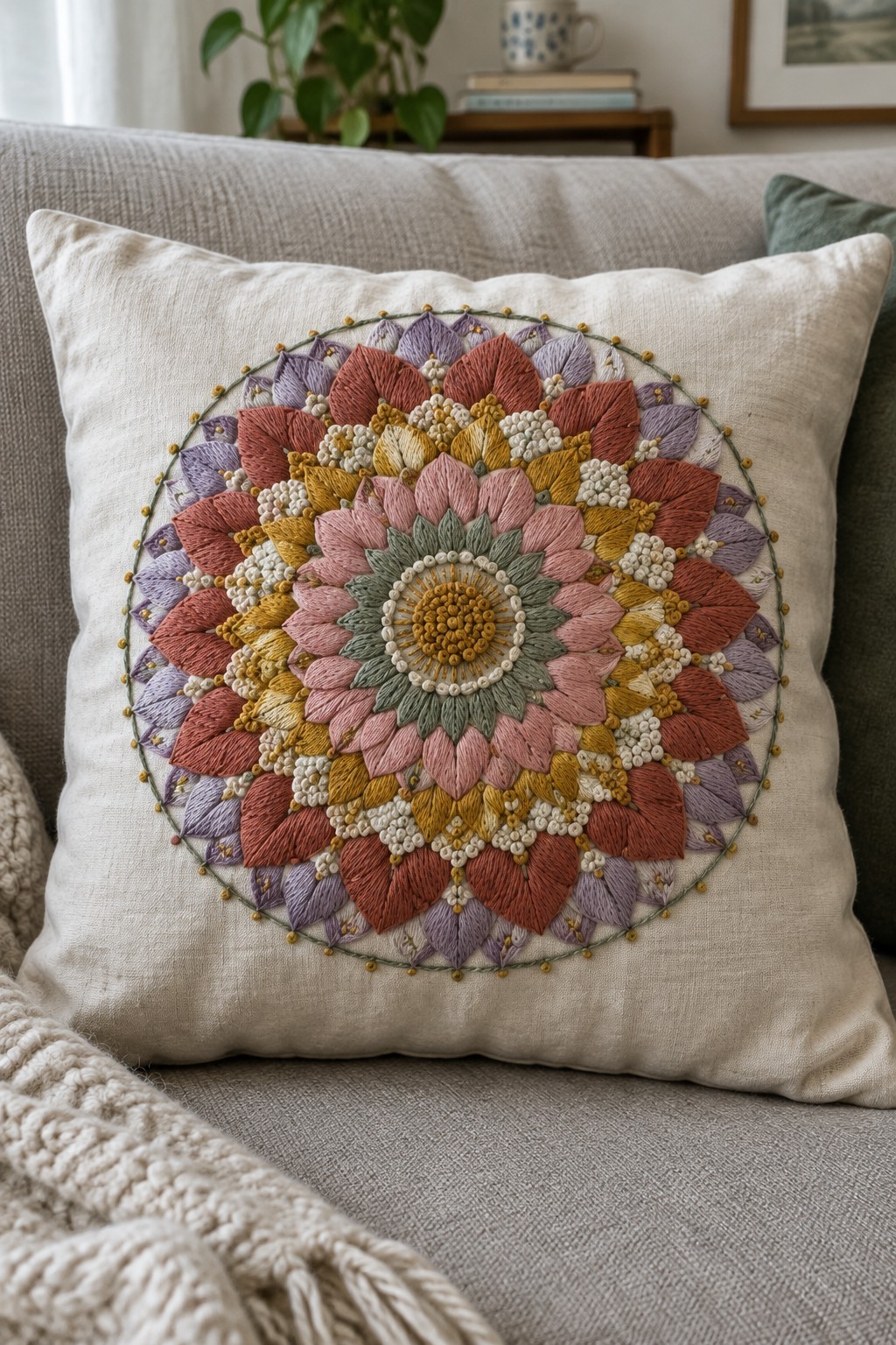 A square cream pillow on a gray sofa with a colorful, layered circular floral embroidery design.