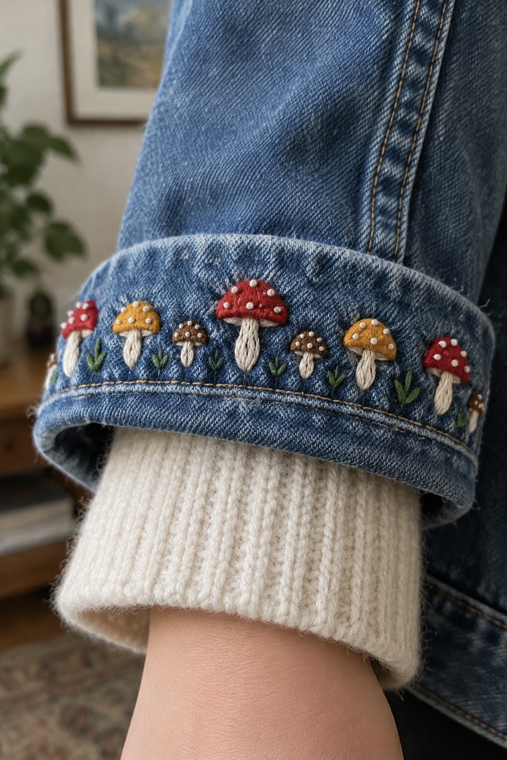 Embroidered red, yellow, and brown mushrooms with green leaves form a border on a turned-up denim jacket cuff.