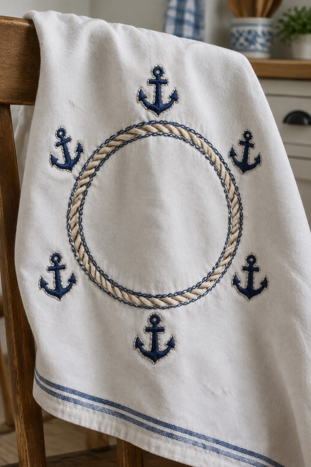 White fabric draped over a wooden chair, embroidered with a rope-like circular border, six navy anchors, and blue stripes along the hem.