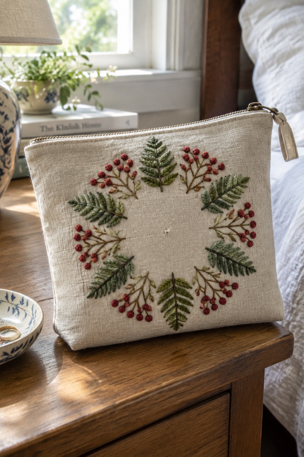 A beige linen zippered pouch embroidered with a round wreath of green sprigs and red berries rests on a wooden bedside table.