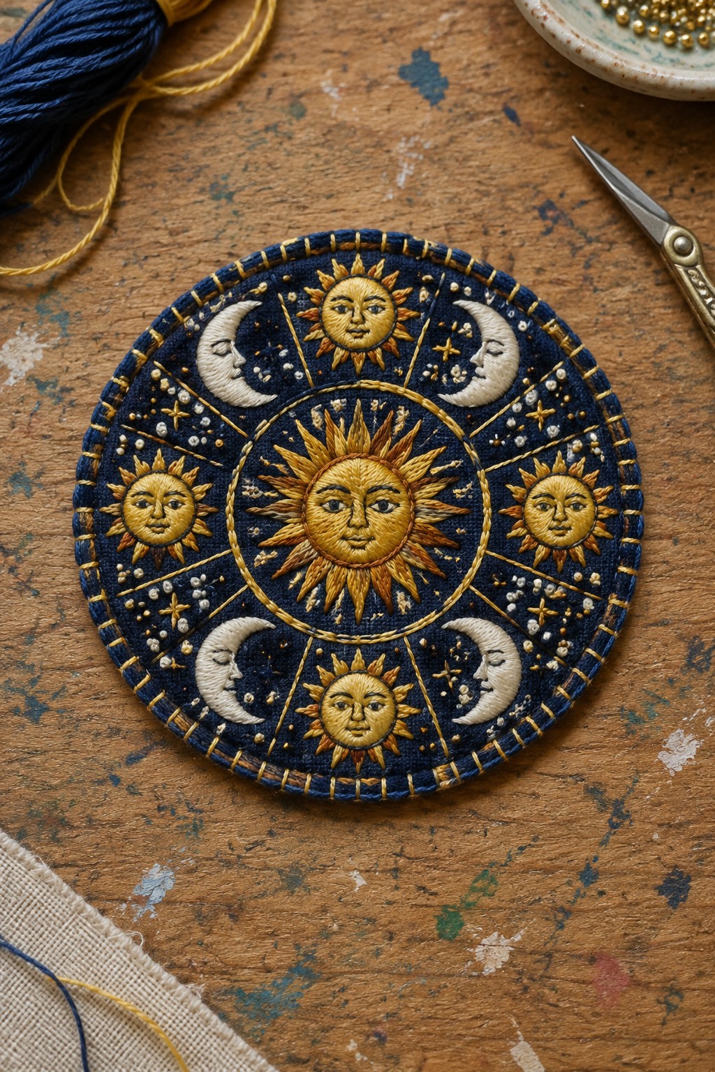 A round navy embroidery features a large gold sun at the center, smaller sun faces, crescent moons, stars, and a gold stitched border.