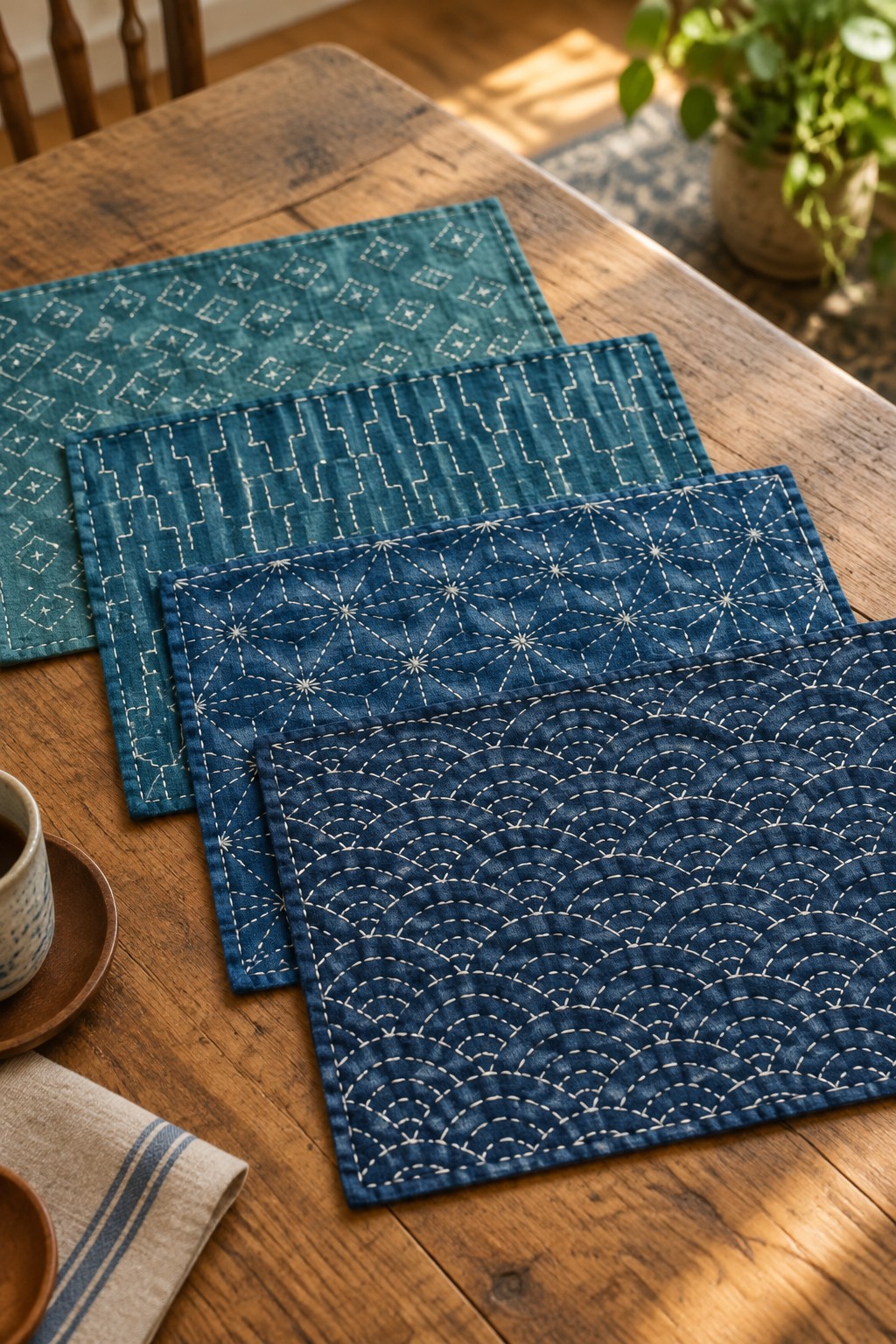 Four blue placemats with pale geometric sashiko stitching are layered on a wooden table.