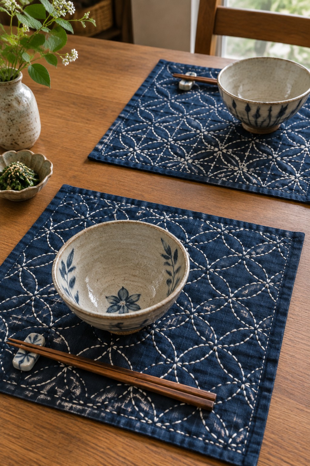 Two indigo placemats with white geometric stitching sit on a wooden table, each arranged with a ceramic bowl and chopsticks.