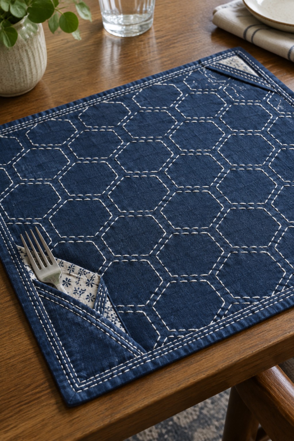 An indigo placemat with white stitched hexagons and a fabric pocket holding a fork rests on a wooden table.