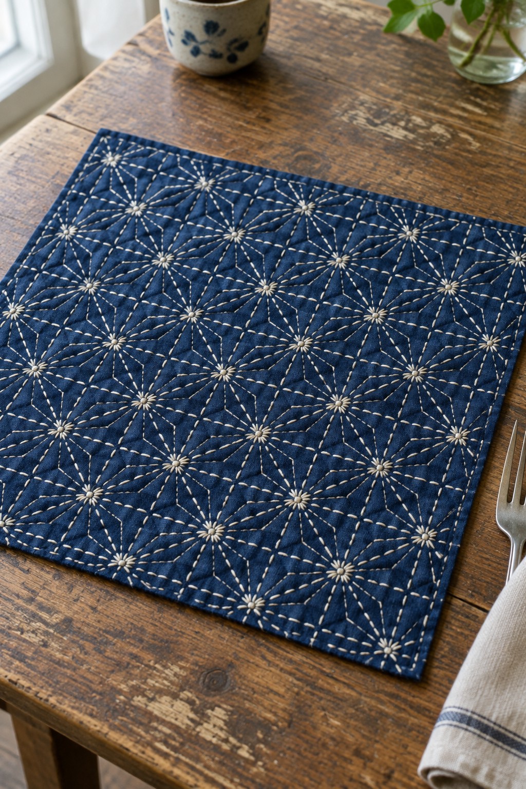 A navy sashiko placemat with cream starburst stitching lies on a rustic wooden table.