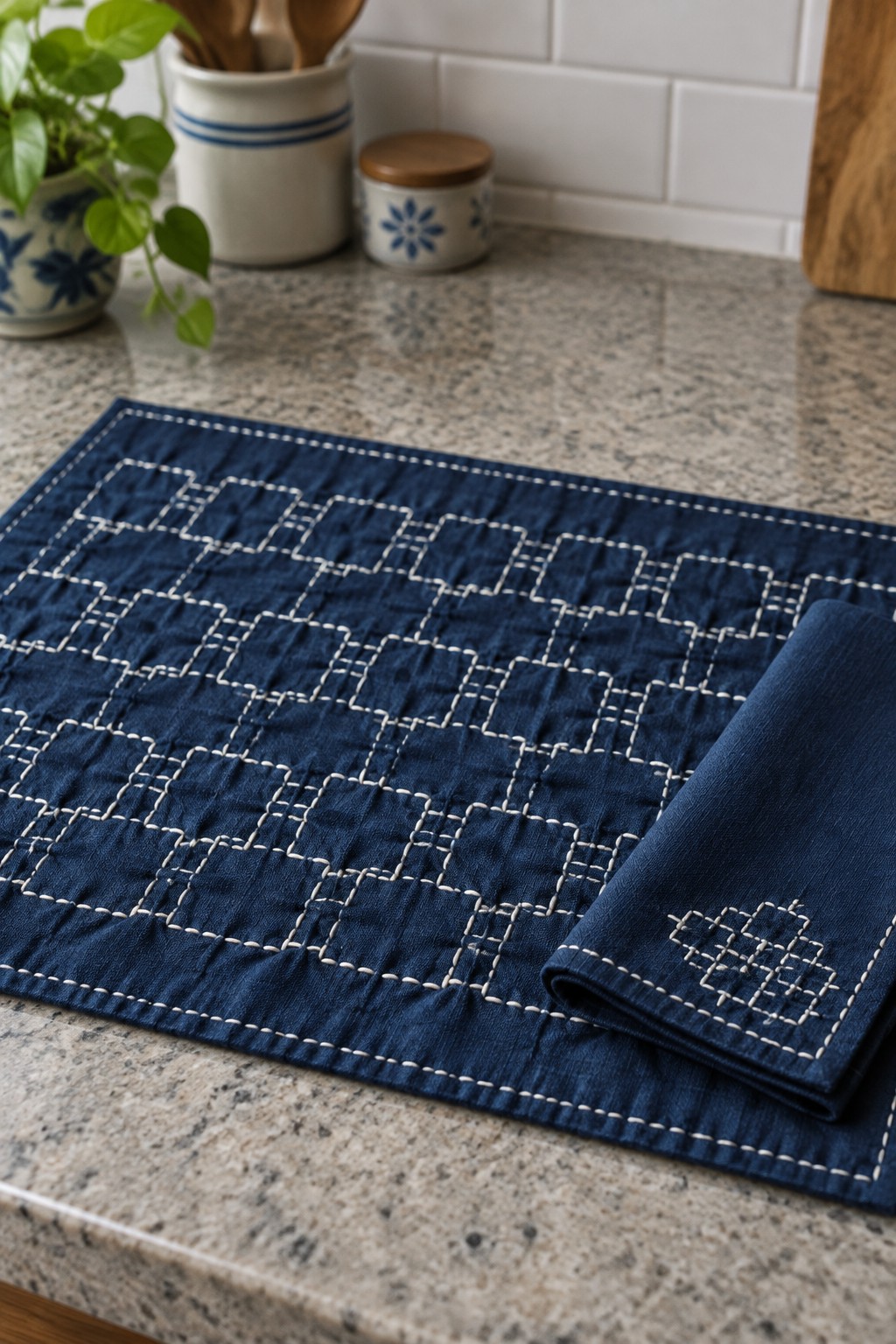 Indigo placemats with white stitched staggered square patterns and borders on a speckled kitchen counter.