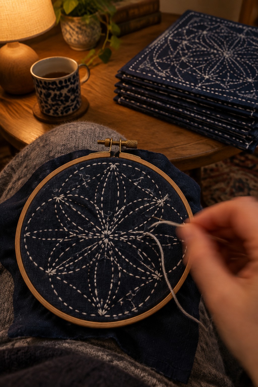A hand stitches a white geometric starburst pattern on dark blue fabric held in a wooden hoop.