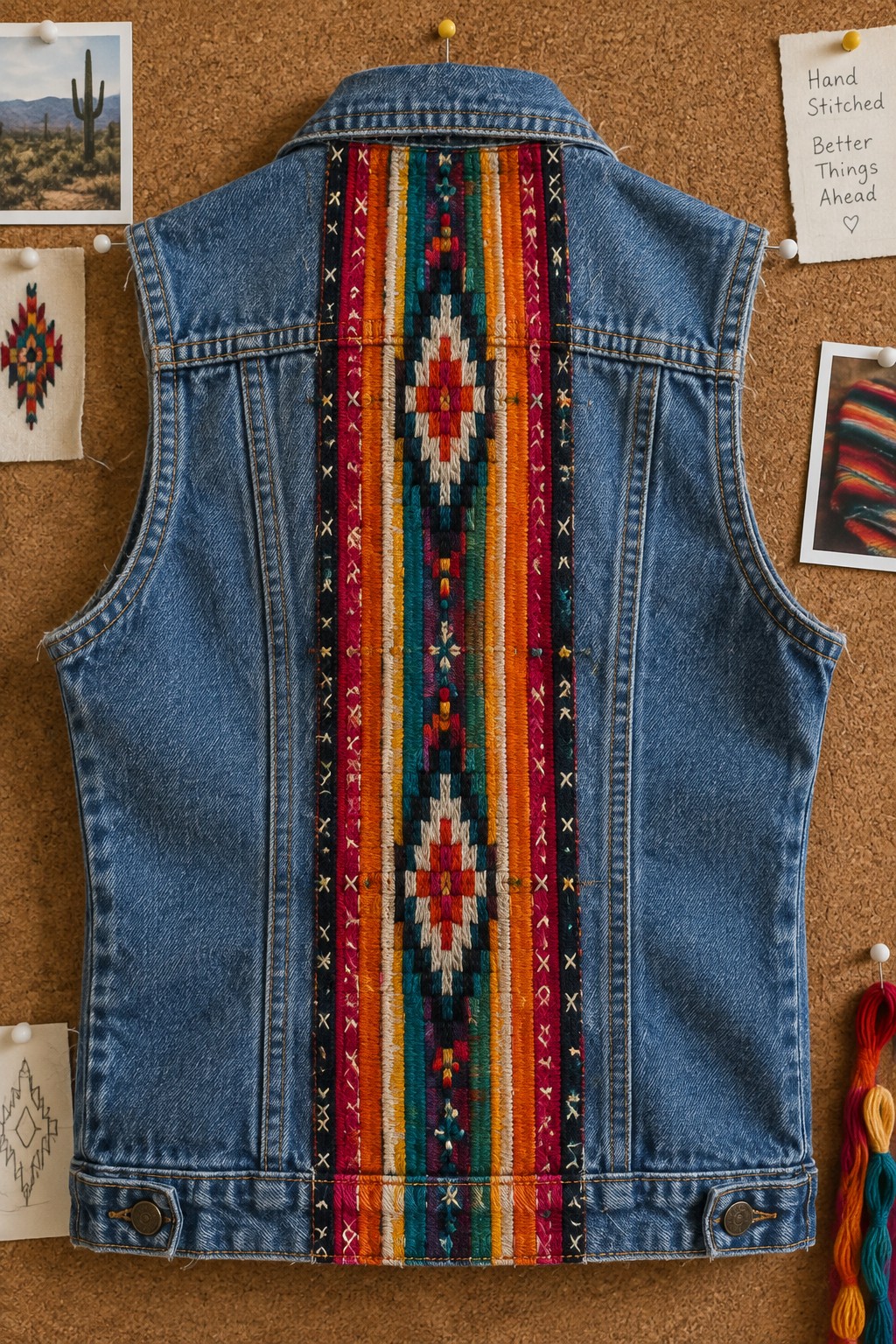 A denim vest hangs on a corkboard with a colorful geometric embroidered strip running down the center back.
