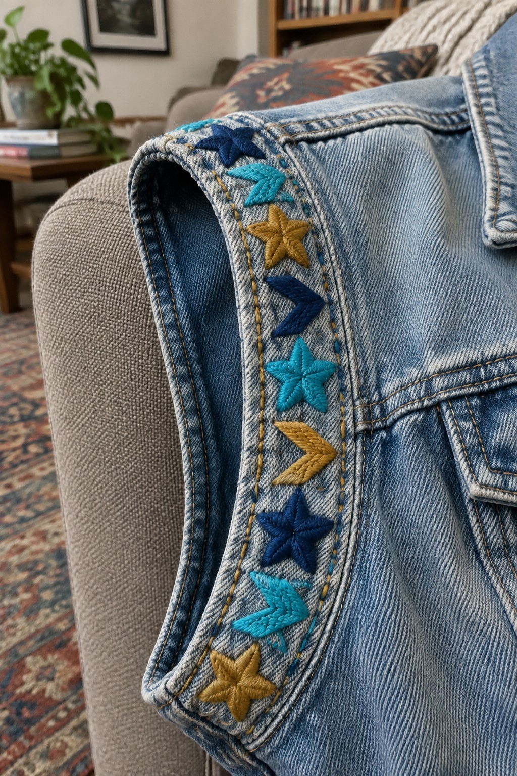 A light blue denim vest draped over a chair, with navy, turquoise, and mustard embroidered stars and chevrons along its edge.