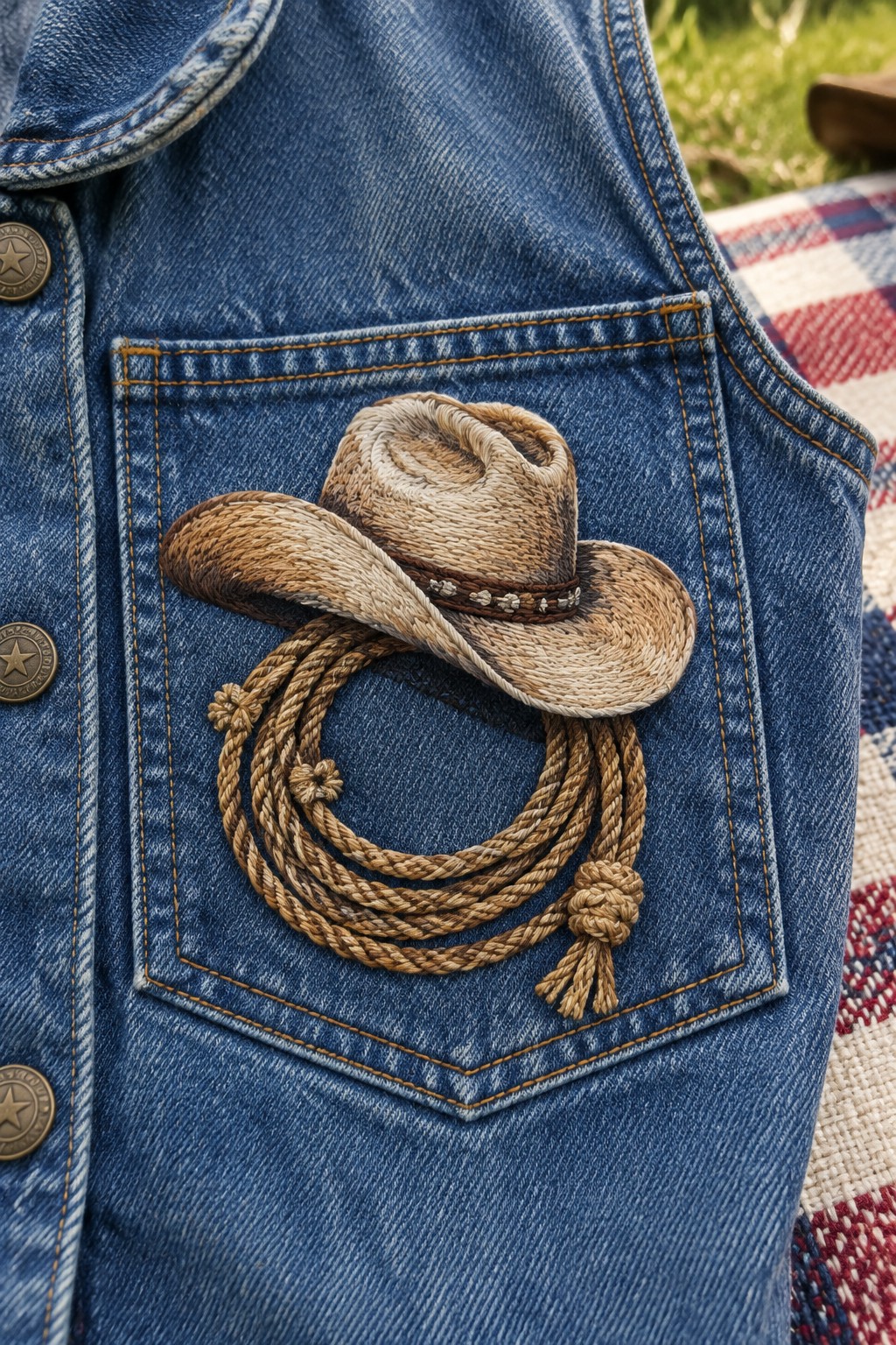 A straw cowboy hat and coiled rope embroidered on the pocket of a blue denim vest.