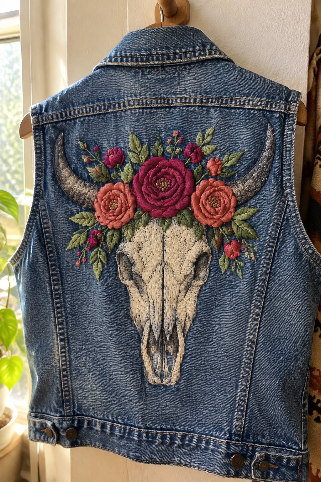 The back of a blue denim vest embroidered with a pale longhorn skull surrounded by pink and coral flowers and green leaves.