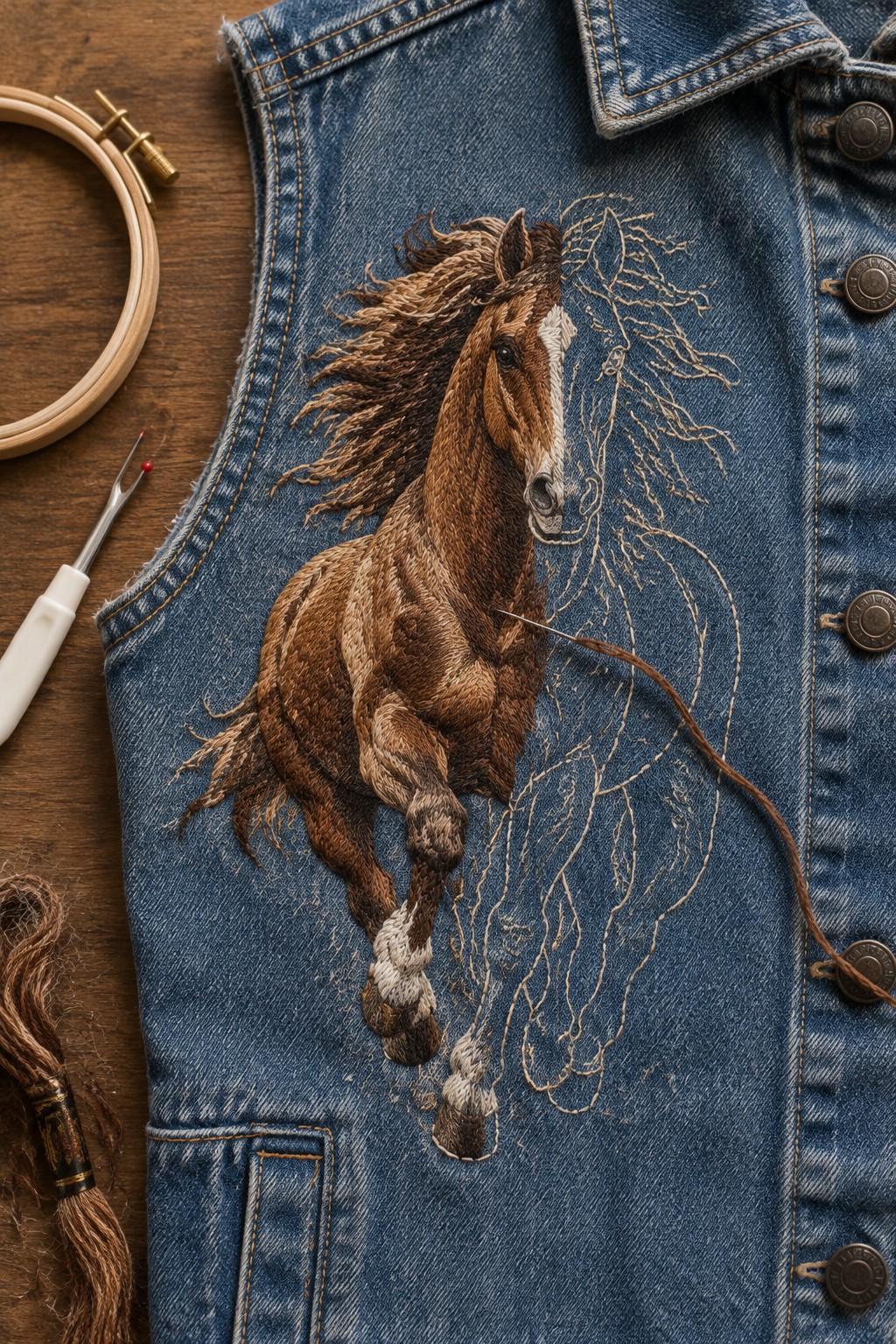 Brown and cream embroidered horse with loose outline stitching on the back panel of a blue denim vest.
